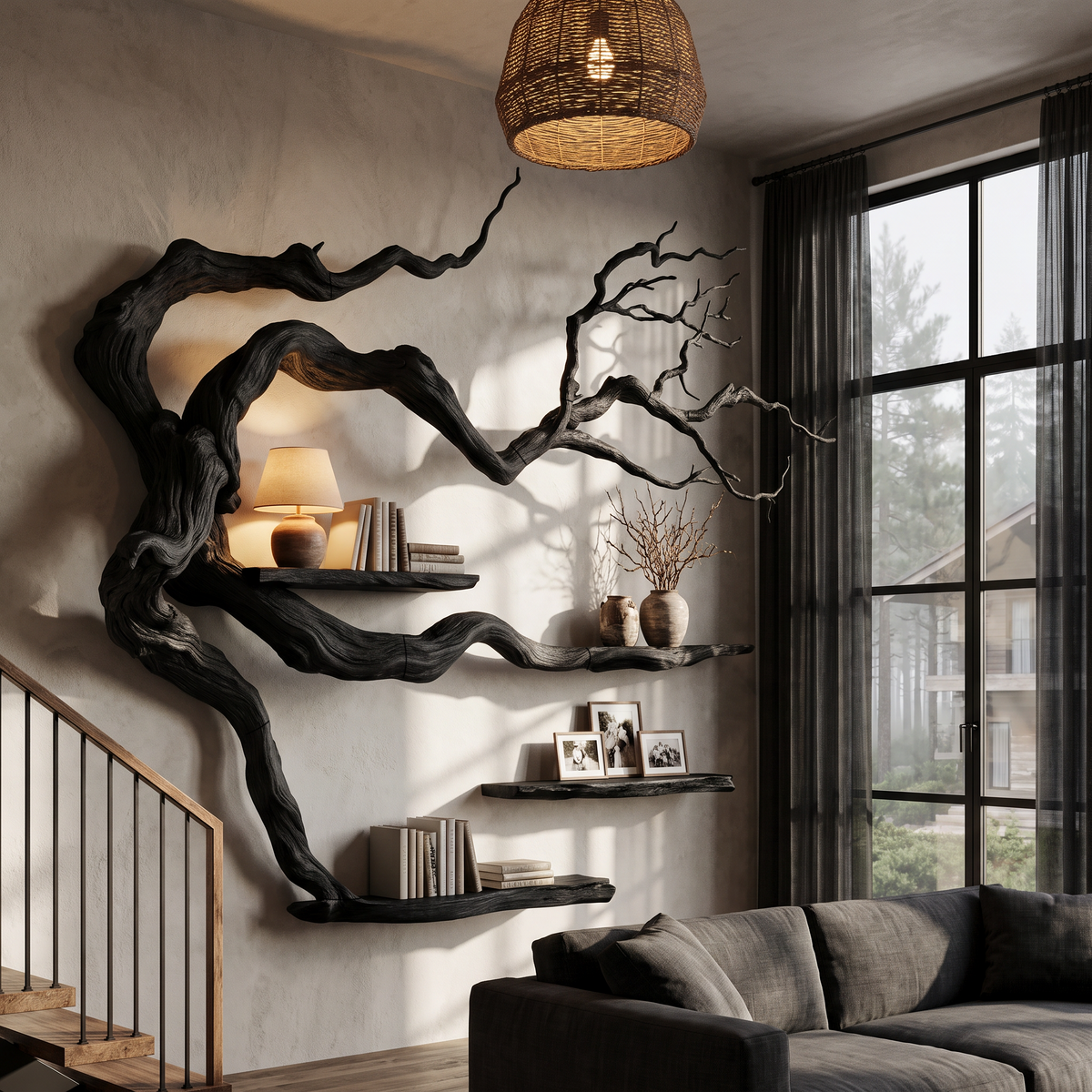 Rustic Tree Bookshelf With Natural Branch Form For Reading Room