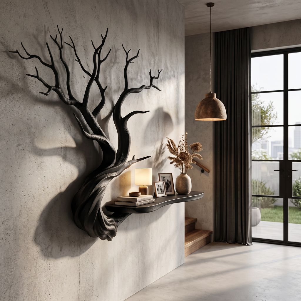 Rustic Tree Bookshelf With Wall Mounted Branch Shelves For Living Room
