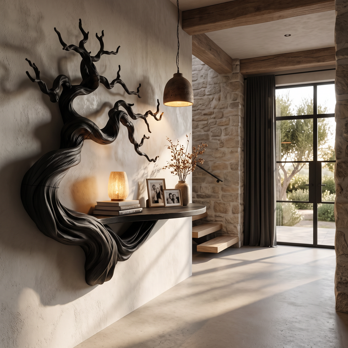 Rustic Wood Bookshelf With Sculptural Tree Branch Design For Reading Room