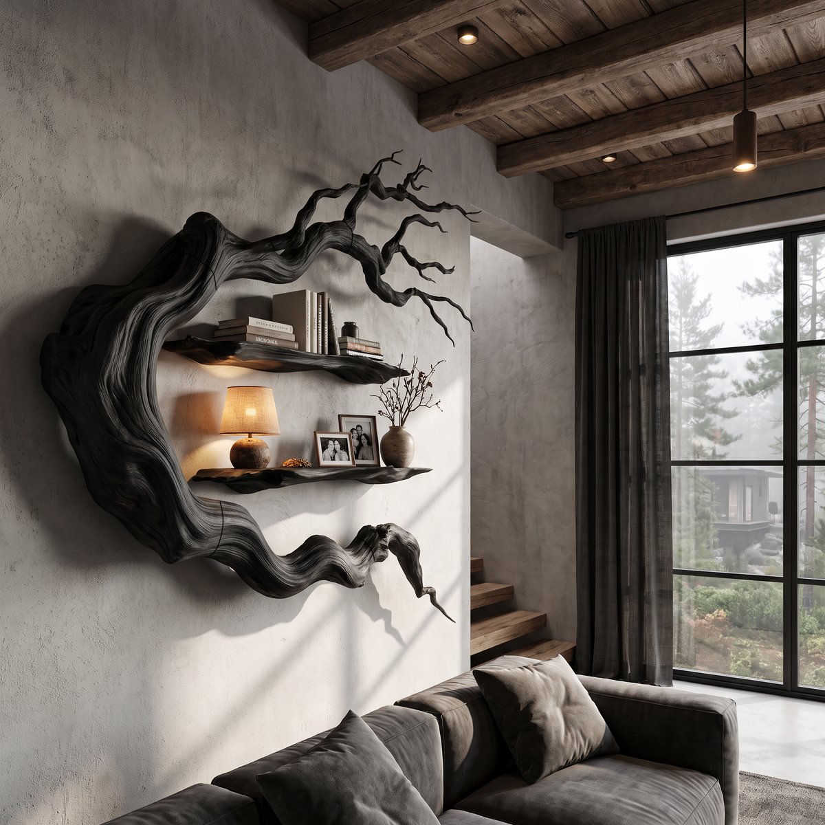 Modern Tree Bookshelf With Sculptural Wall Branch Design For Living Room