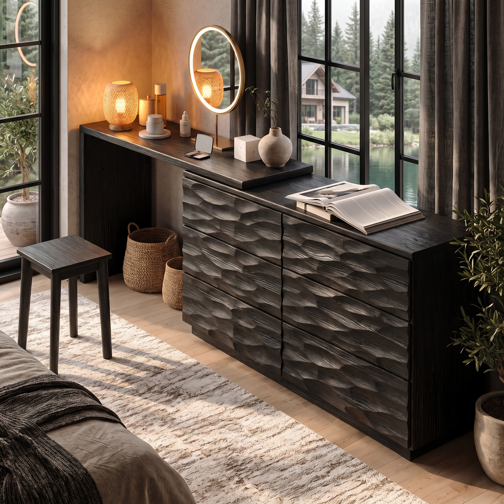 Scandinavian Wooden Dresser With L Shaped Desk Extension For Bedroom
