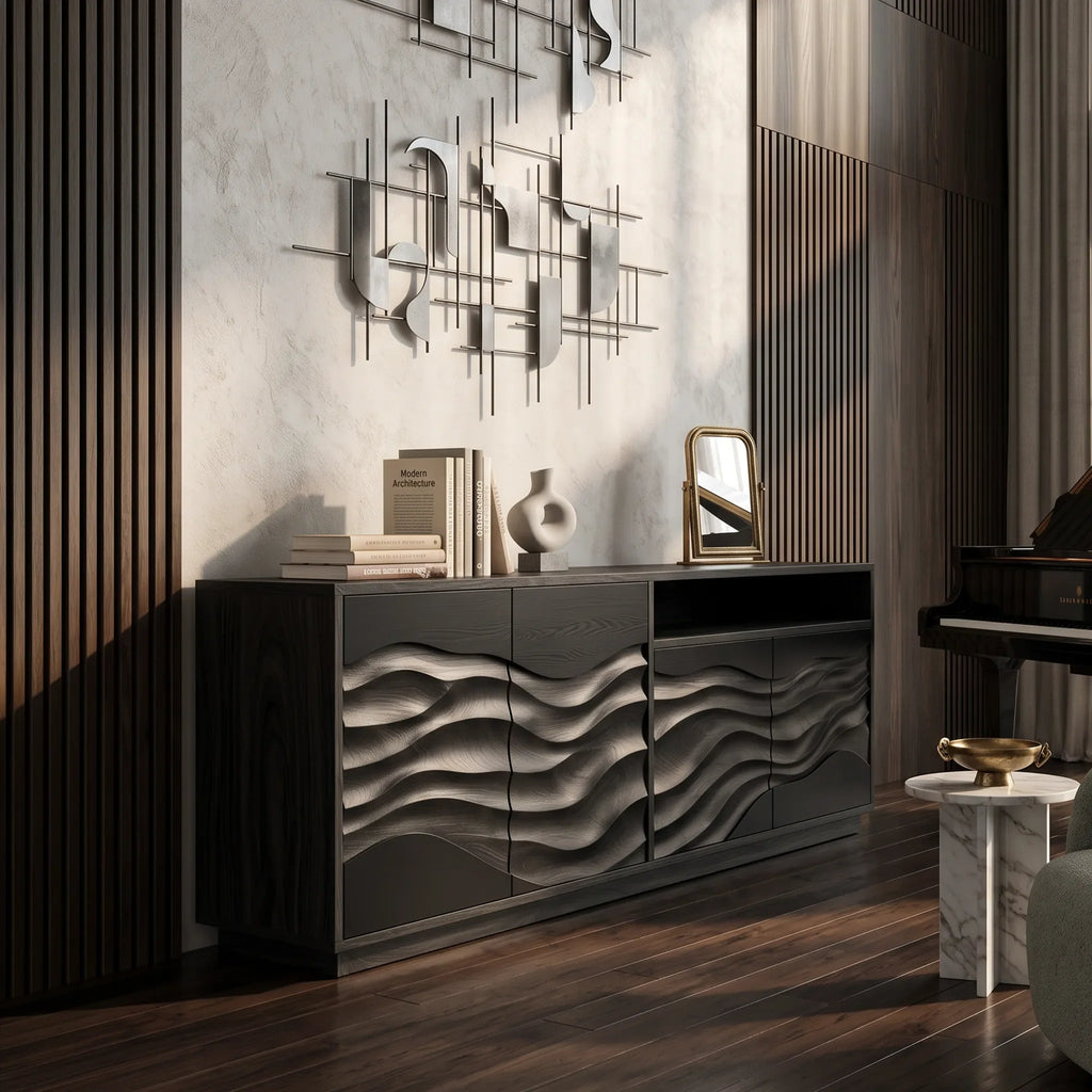 Modern Swirl Carved Sideboard Open Living Room