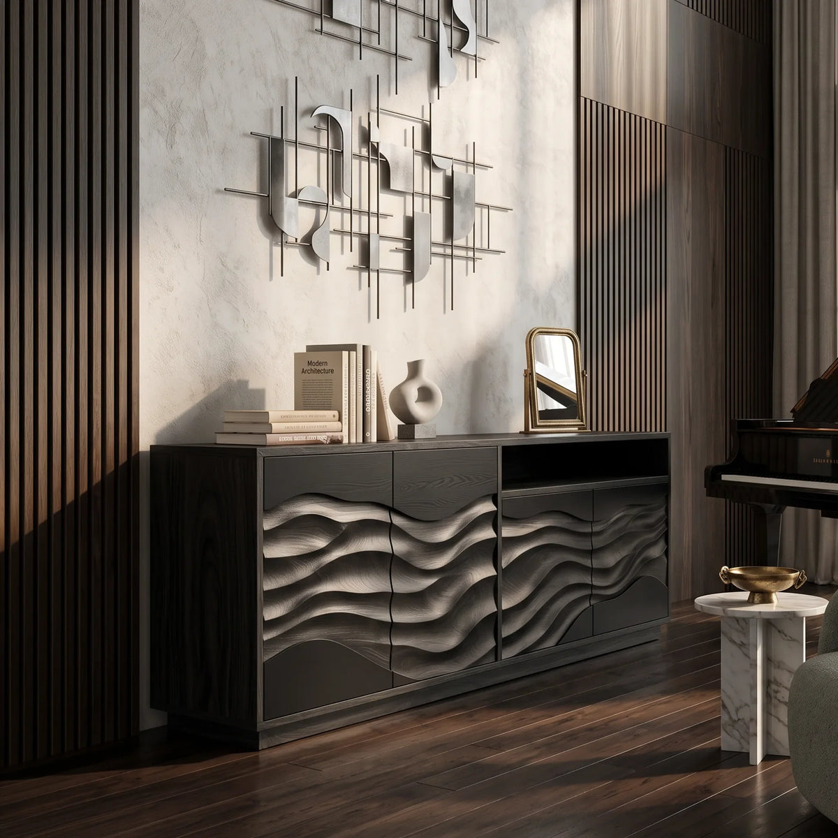 Modern Swirl Carved Sideboard Open Living Room