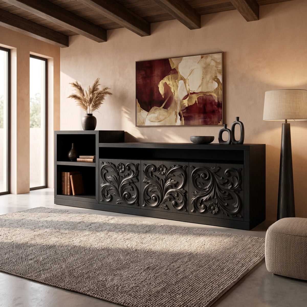 Organic Low Wave Carved Credenza Modern Living Room