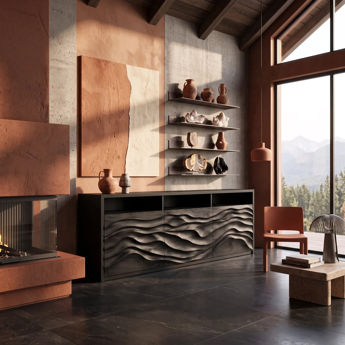 Contemporary Fluted Credenza Cozy Living Room