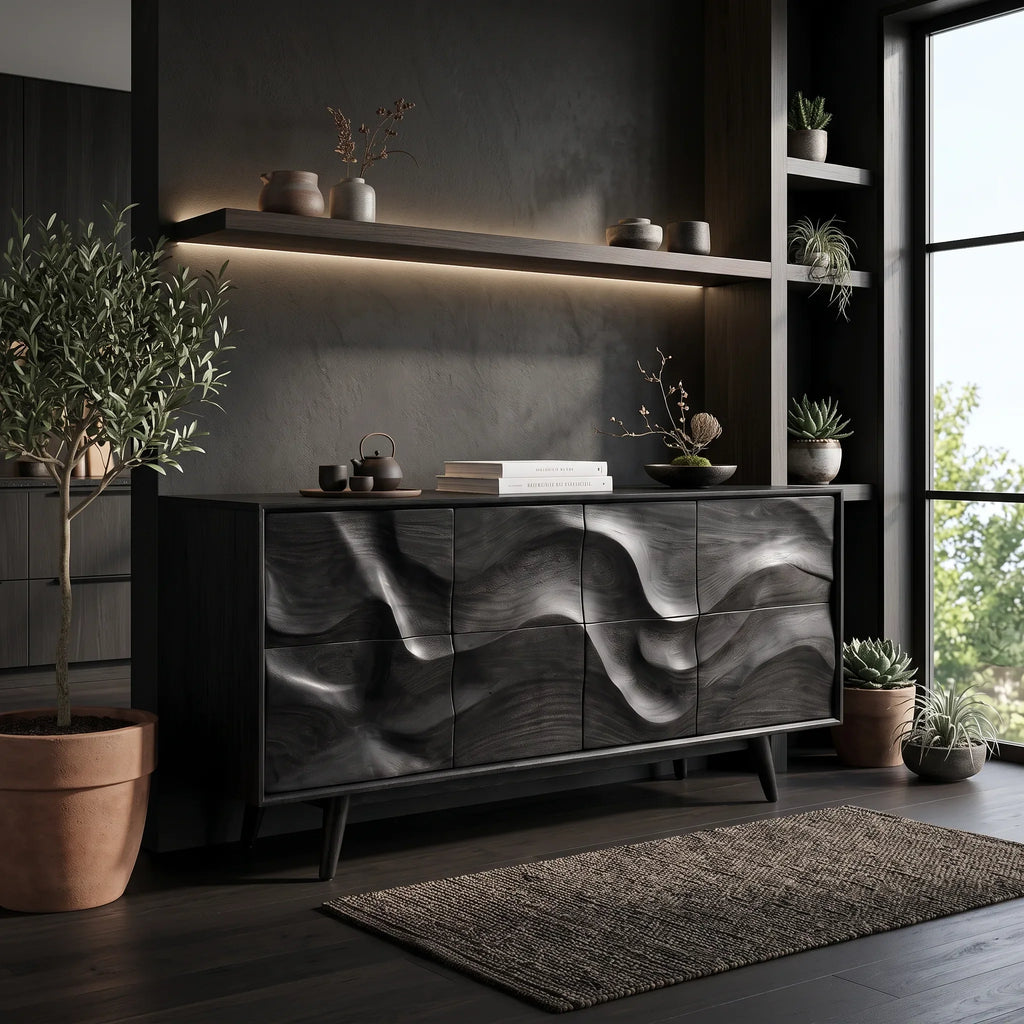 Mid Century Wave Carved Sideboard Living Room