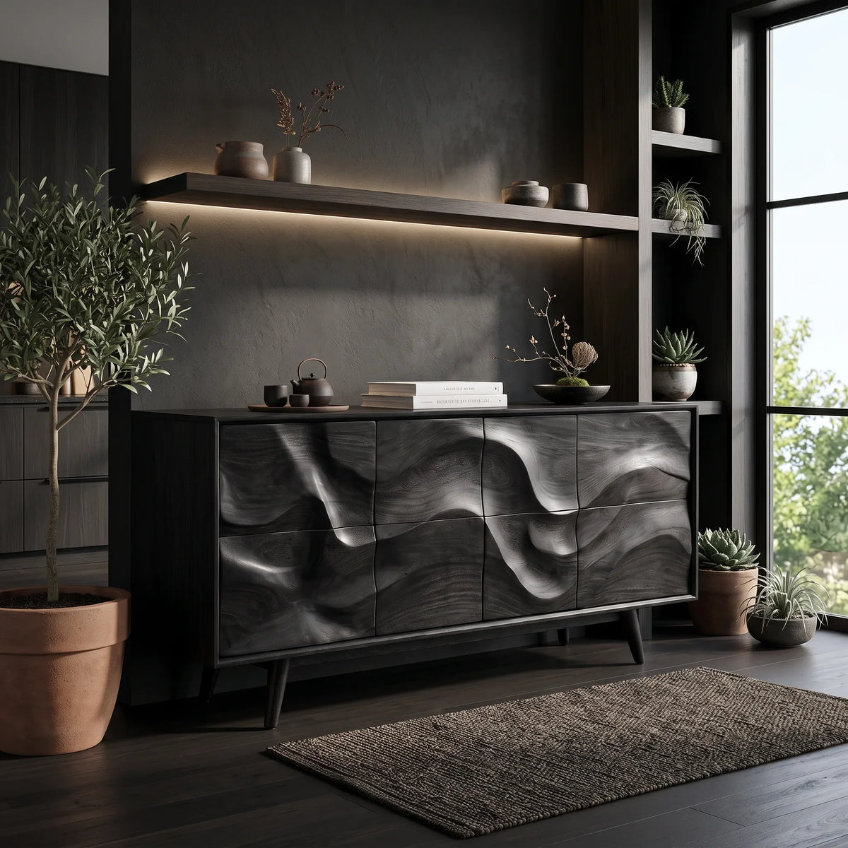 Mid Century Wave Carved Sideboard Living Room
