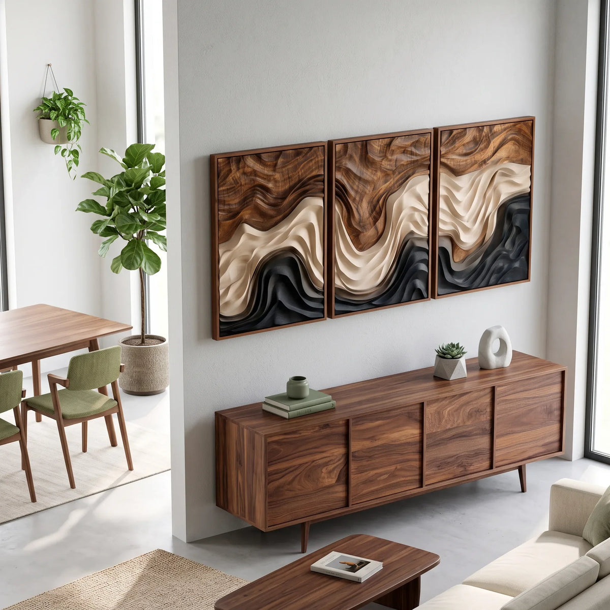 Rustic Layered Wave Triptych Wood Wall Art Spa
