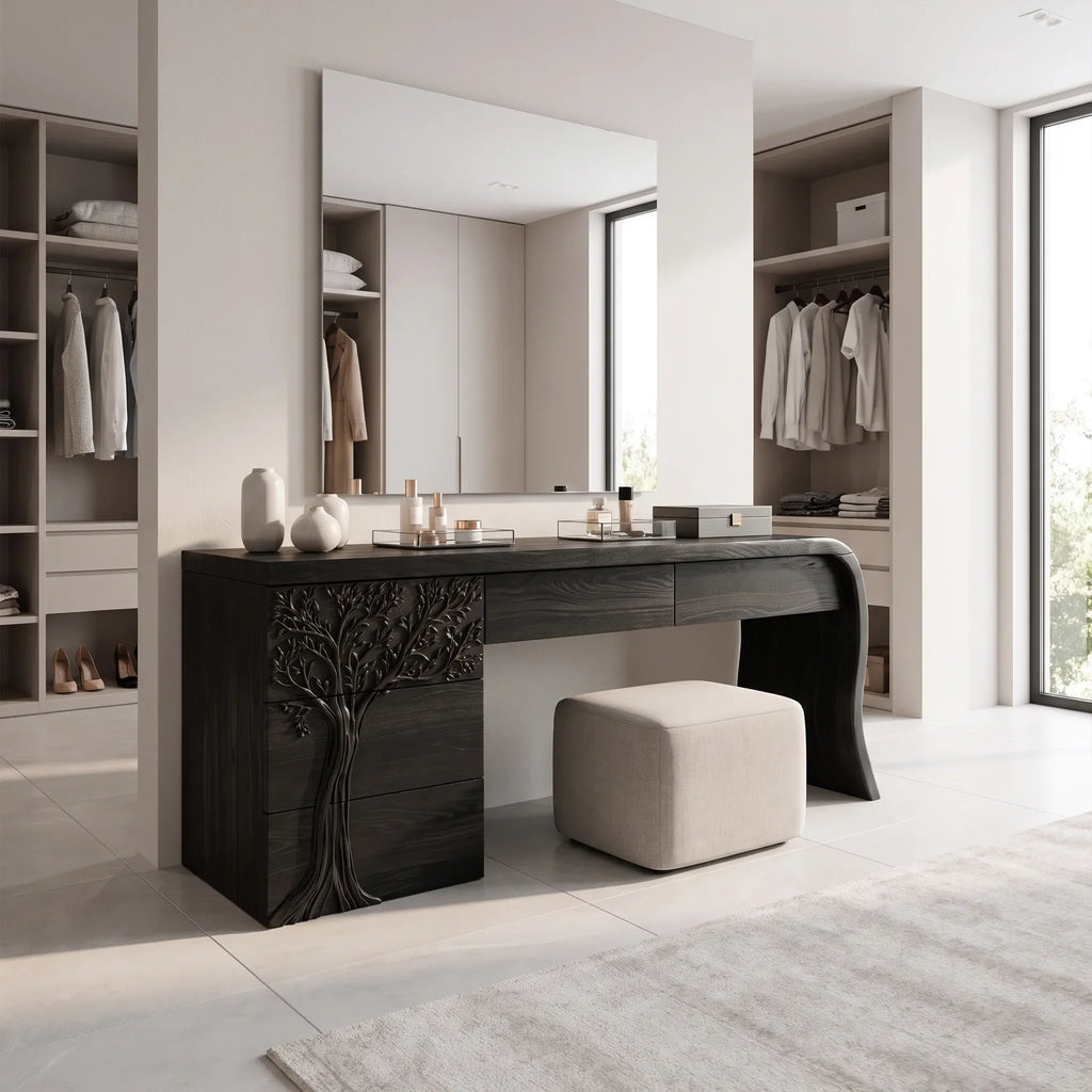 Peaceful Vanity Table Makeup Vanity Desk Tree Carved Drawers For Bedroom