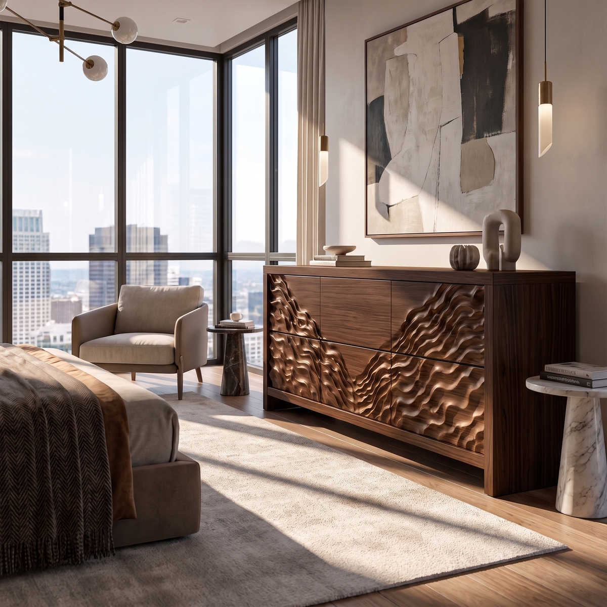 Modern Wide Wooden 6 Drawer Dresser For Bedroom Storage