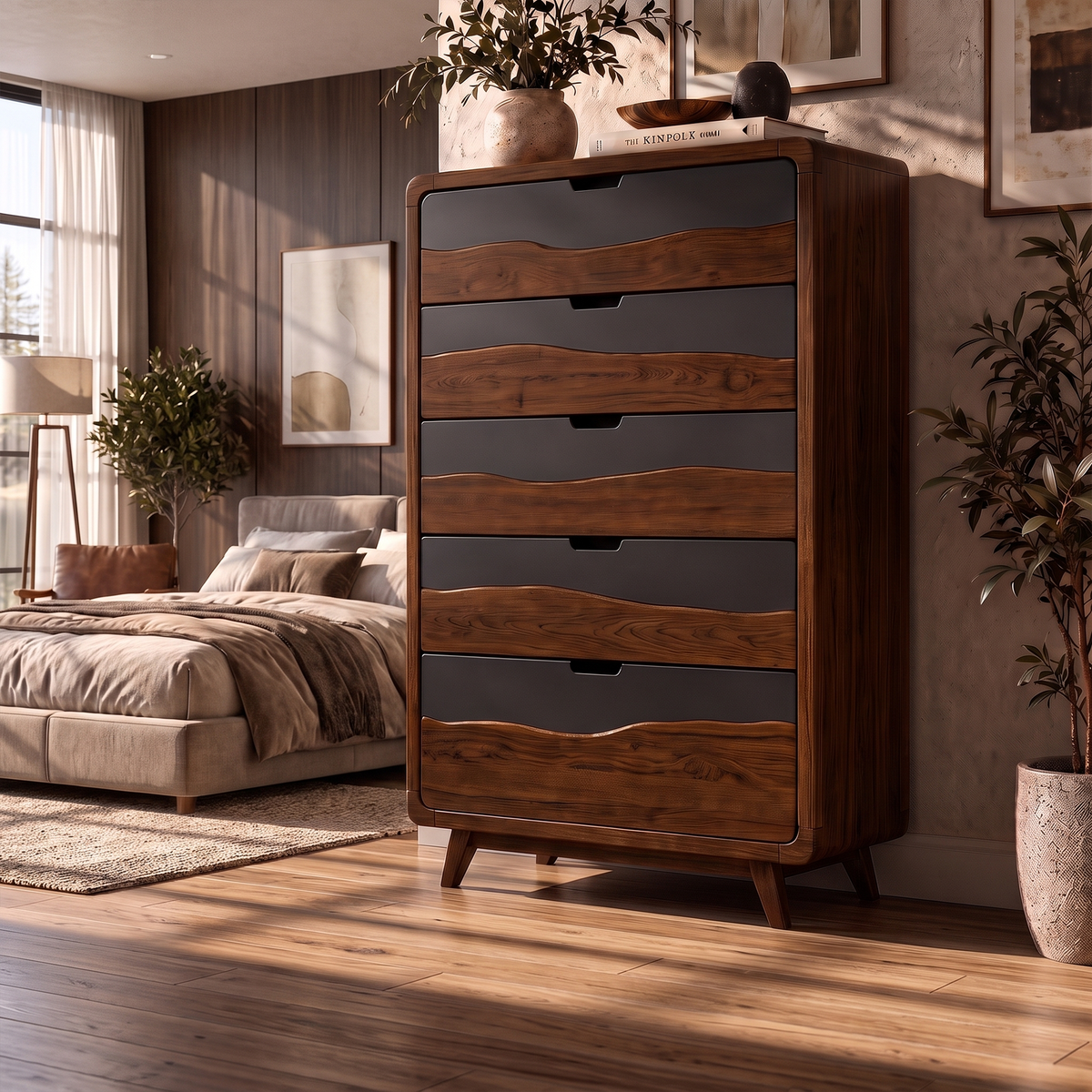 Rustic Tall Wooden 5 Drawer Dresser For Modern Farmhouse Bedroom