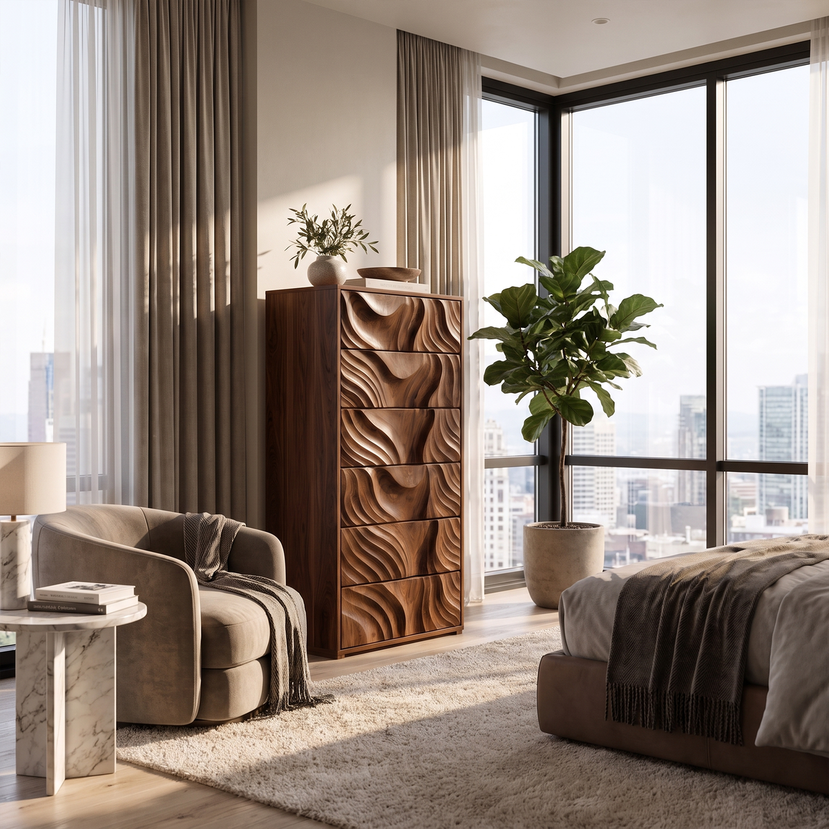 OrganicTall Dresser With Ripple Carved Drawer Fronts For Bedroom