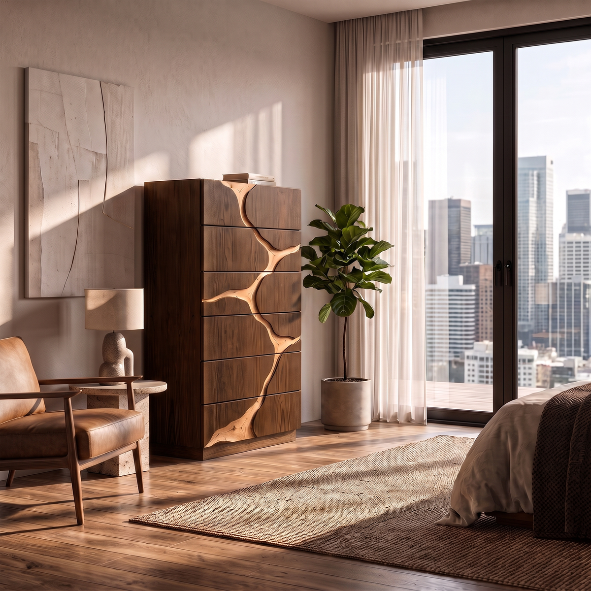 Contemporary Wooden Dresser With Two Tone Carved Panels For Bedroom