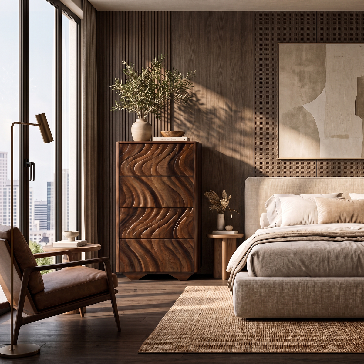 Modern Tall Dresser With Vertical Wave Carving For Bedroom