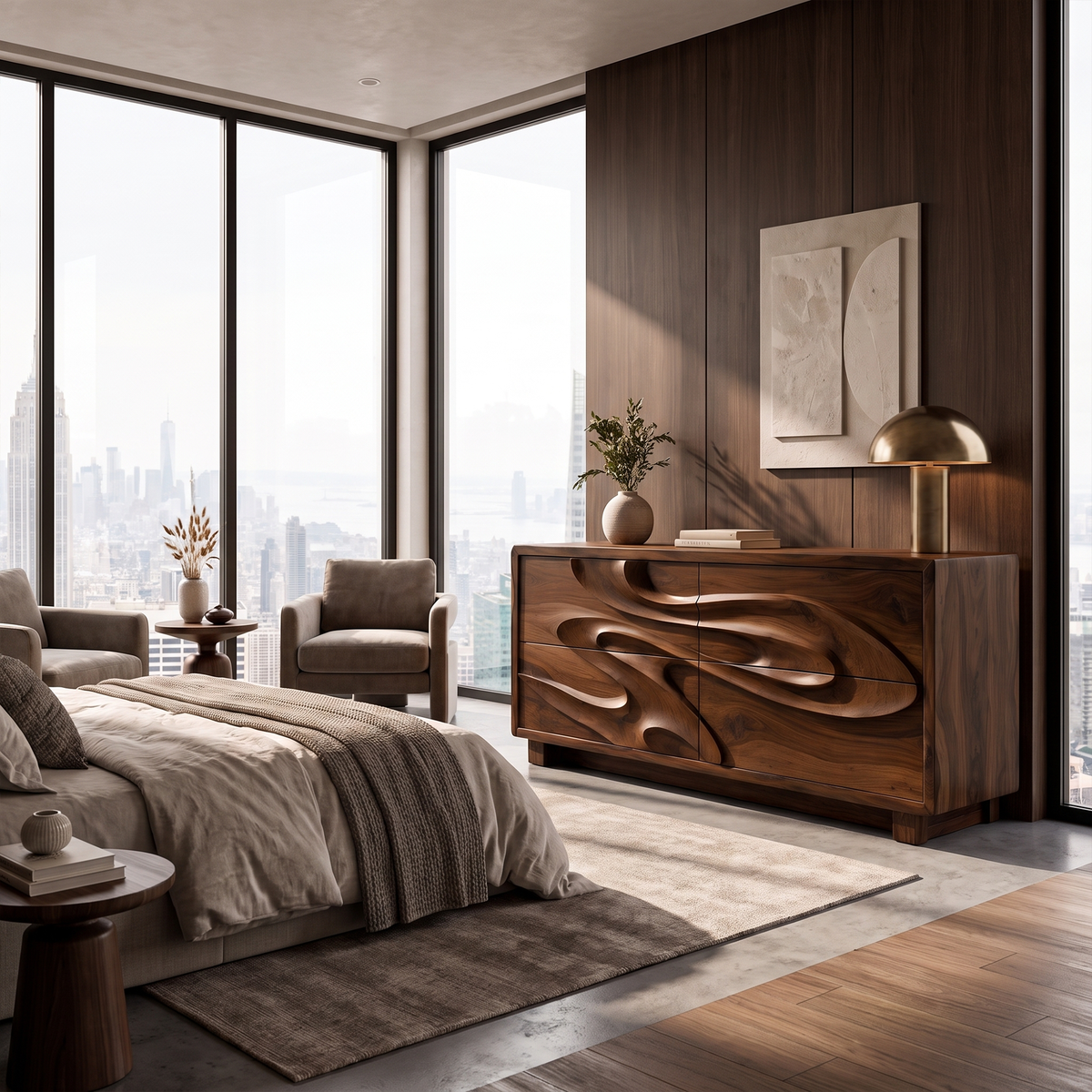 Organic Chest Dresser With Undulating Carved Front For Bedroom