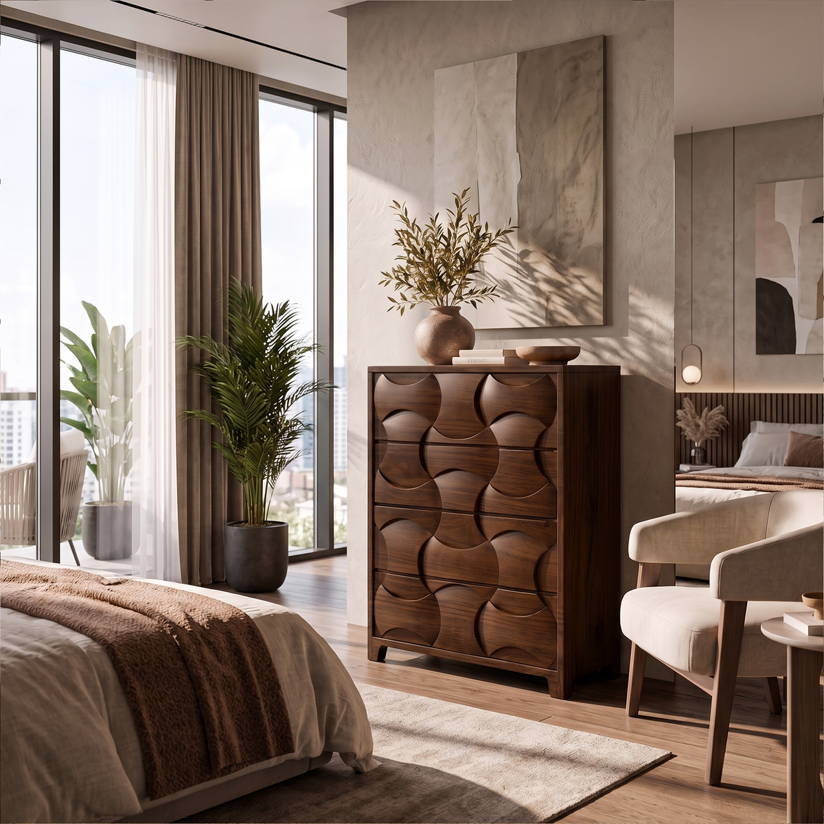 Rustic Wooden Dresser With Textured Wood Grain Front For Bedroom