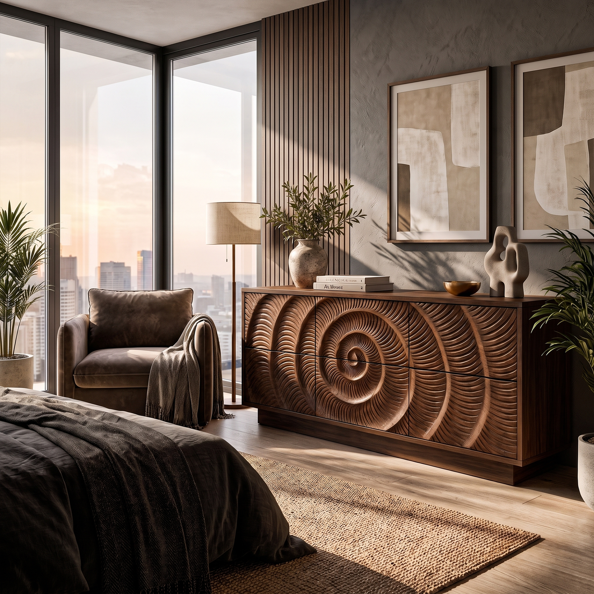 Contemporary Chest Dresser With Layered Circle Pattern For Bedroom