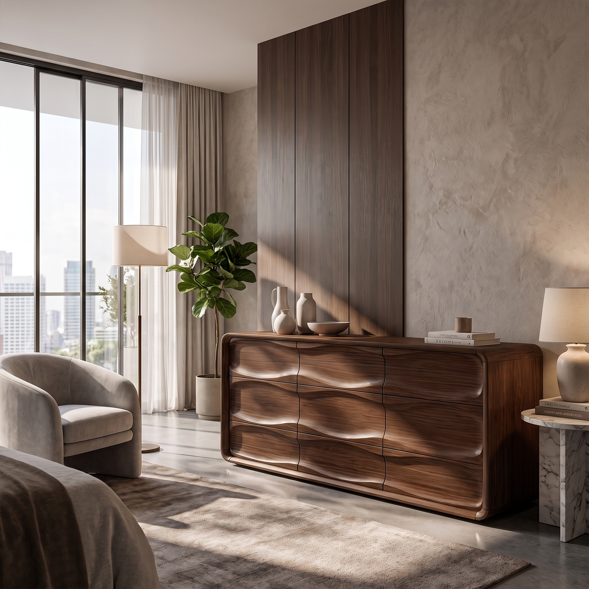 Contemporary Bedroom Dresser With Embossed Grain Front And Curved Corners