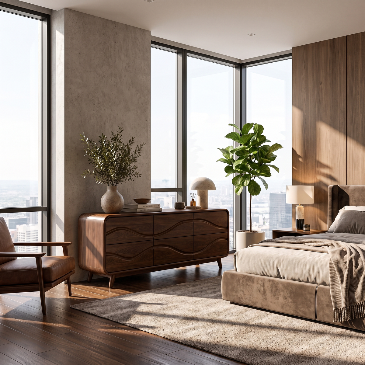 Contemporary Low Dresser With Embossed Grain Front And Curved Corners For Bedroom