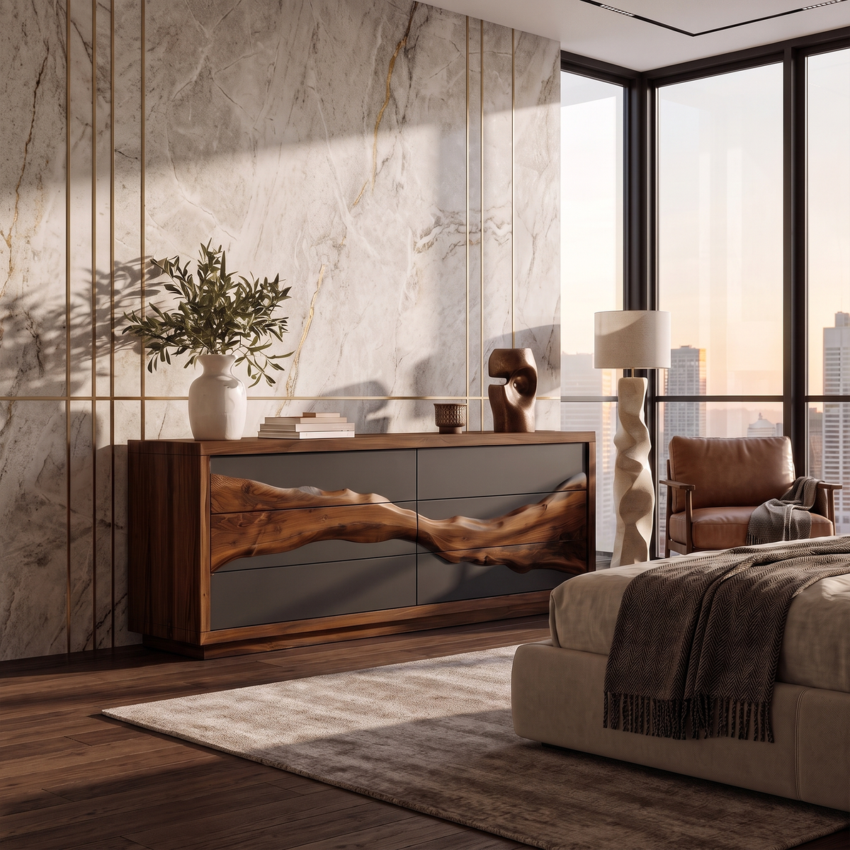 Modern Black Dresser With Contrasting Natural Wood Grain Front For Bedroom