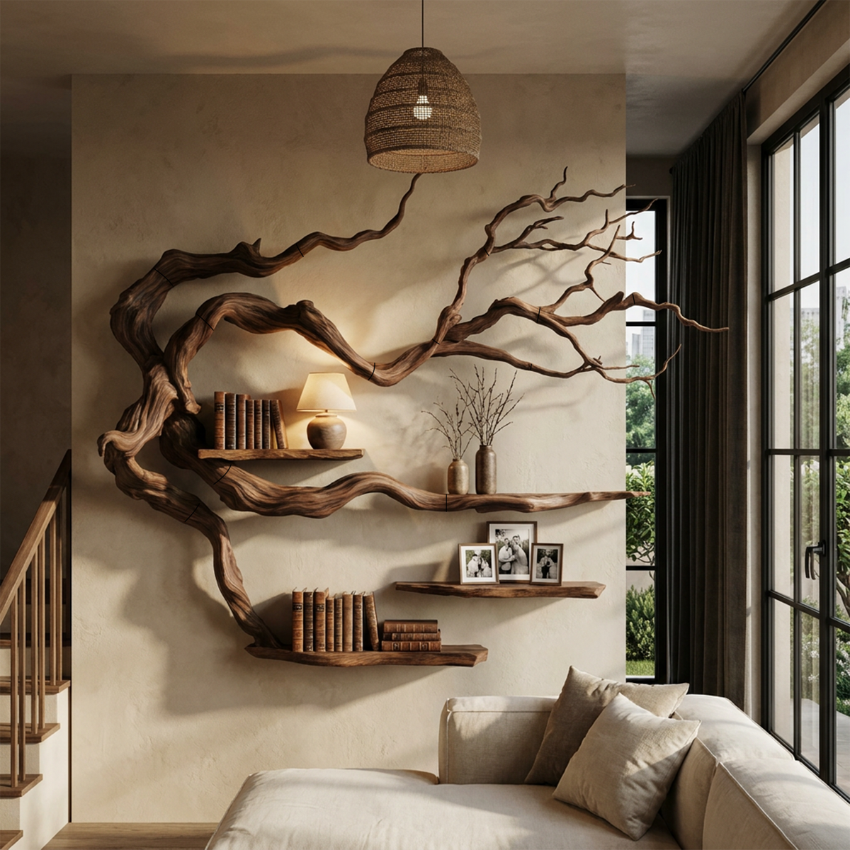 Rustic Tree Bookshelf With Natural Branch Form For Reading Room