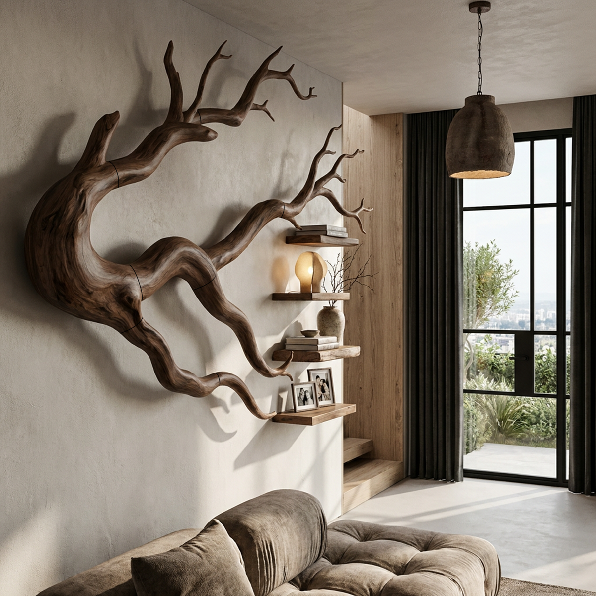 Organic Tree Bookcase With Flowing Wall Mounted Branches For Living Room