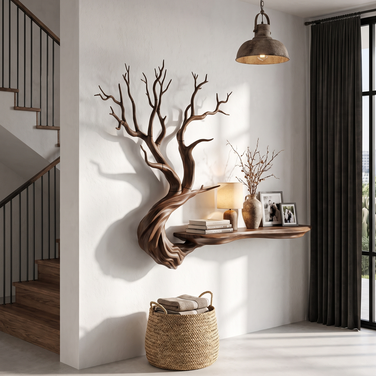 Rustic Tree Bookshelf With Wall Mounted Branch Shelves For Living Room