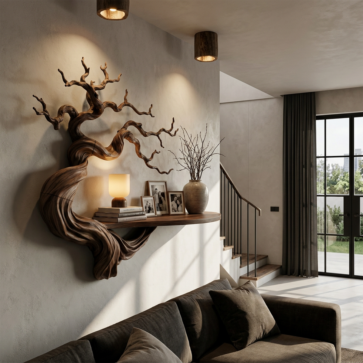 Rustic Wood Bookshelf With Sculptural Tree Branch Design For Reading Room