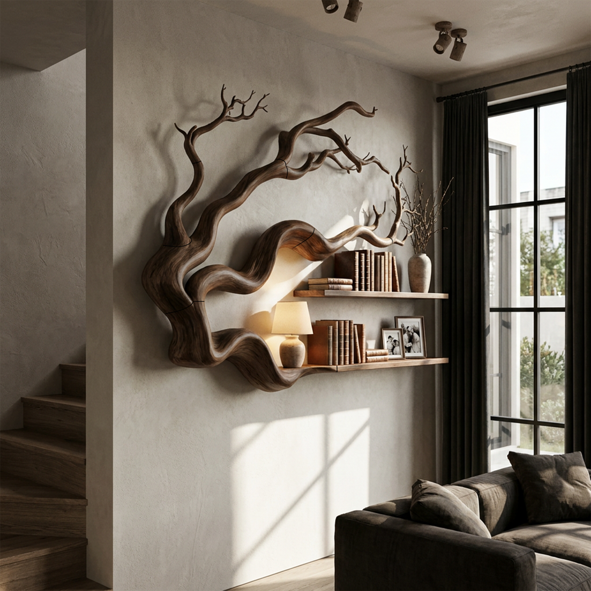 Modern Tree Bookshelf With Natural Branch Silhouette For Living Room