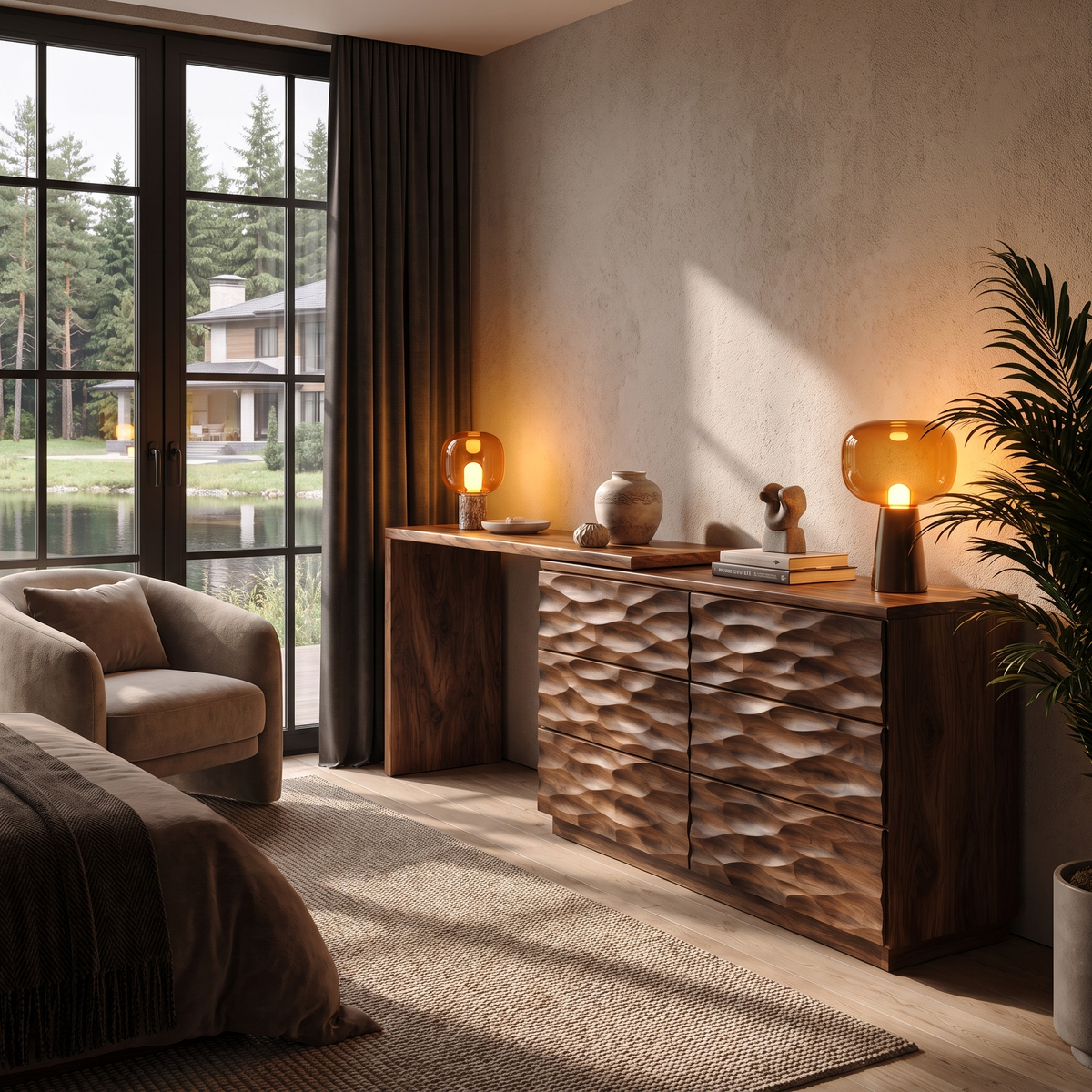 Scandinavian Wooden Dresser With L Shaped Desk Extension For Bedroom