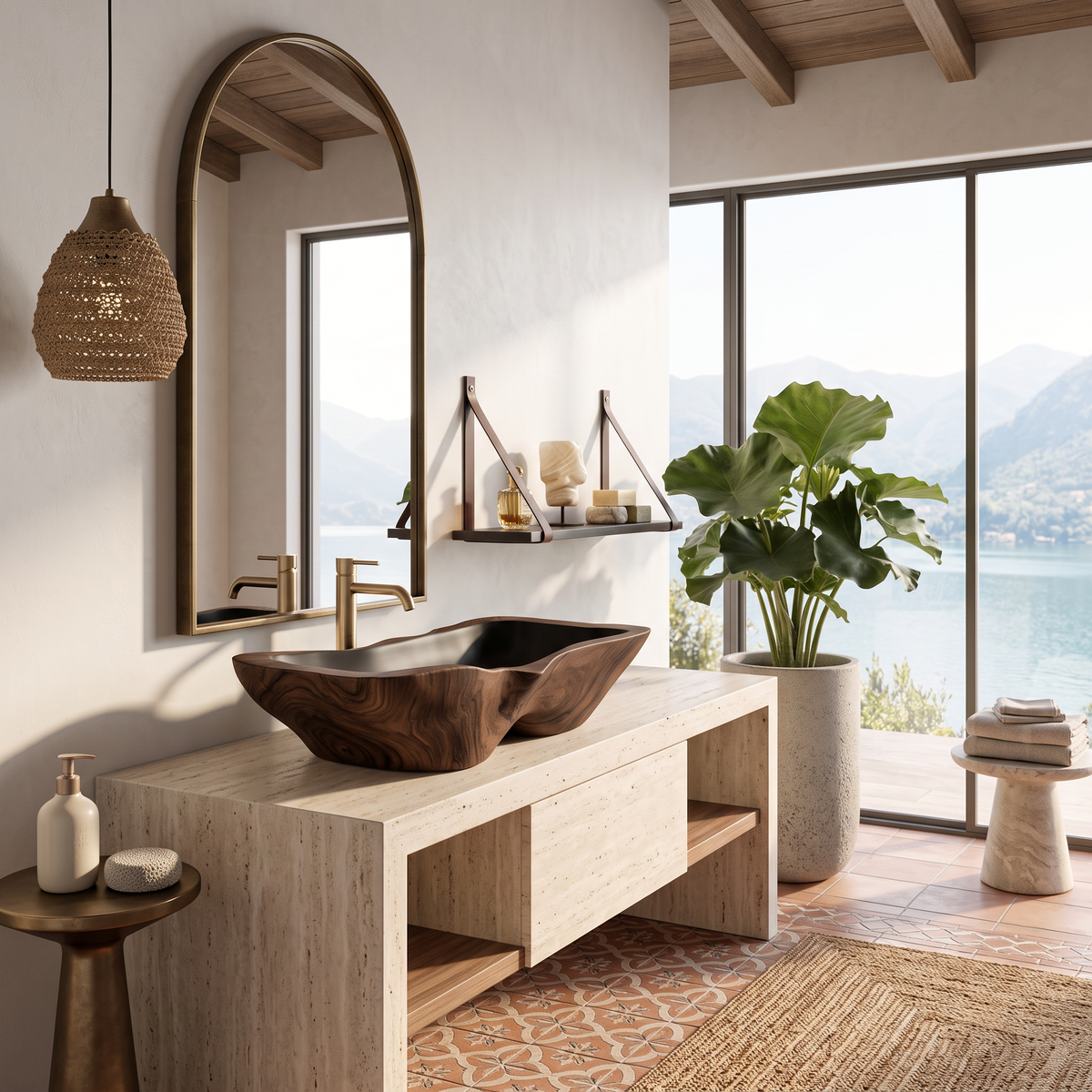 Mid Century Rustic Wooden Vessel Sink For Bathroom Ideas