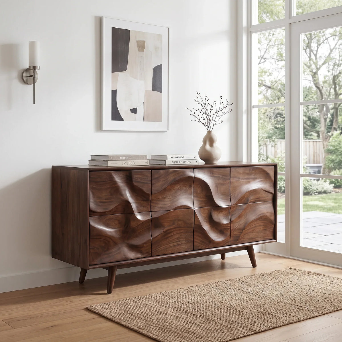 Mid Century Wave Carved Sideboard Living Room