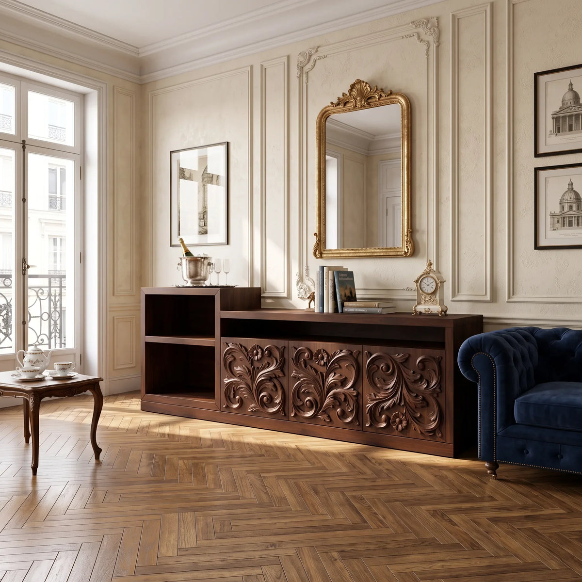 Organic Low Wave Carved Credenza Modern Living Room