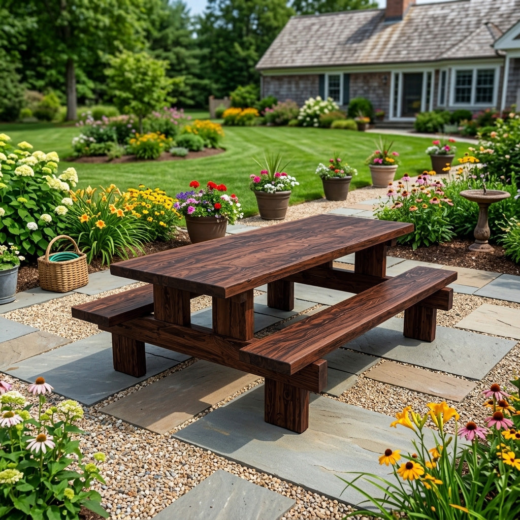 Minimalist Outdoor Picnic Table With Benches For Garden Or Cabin