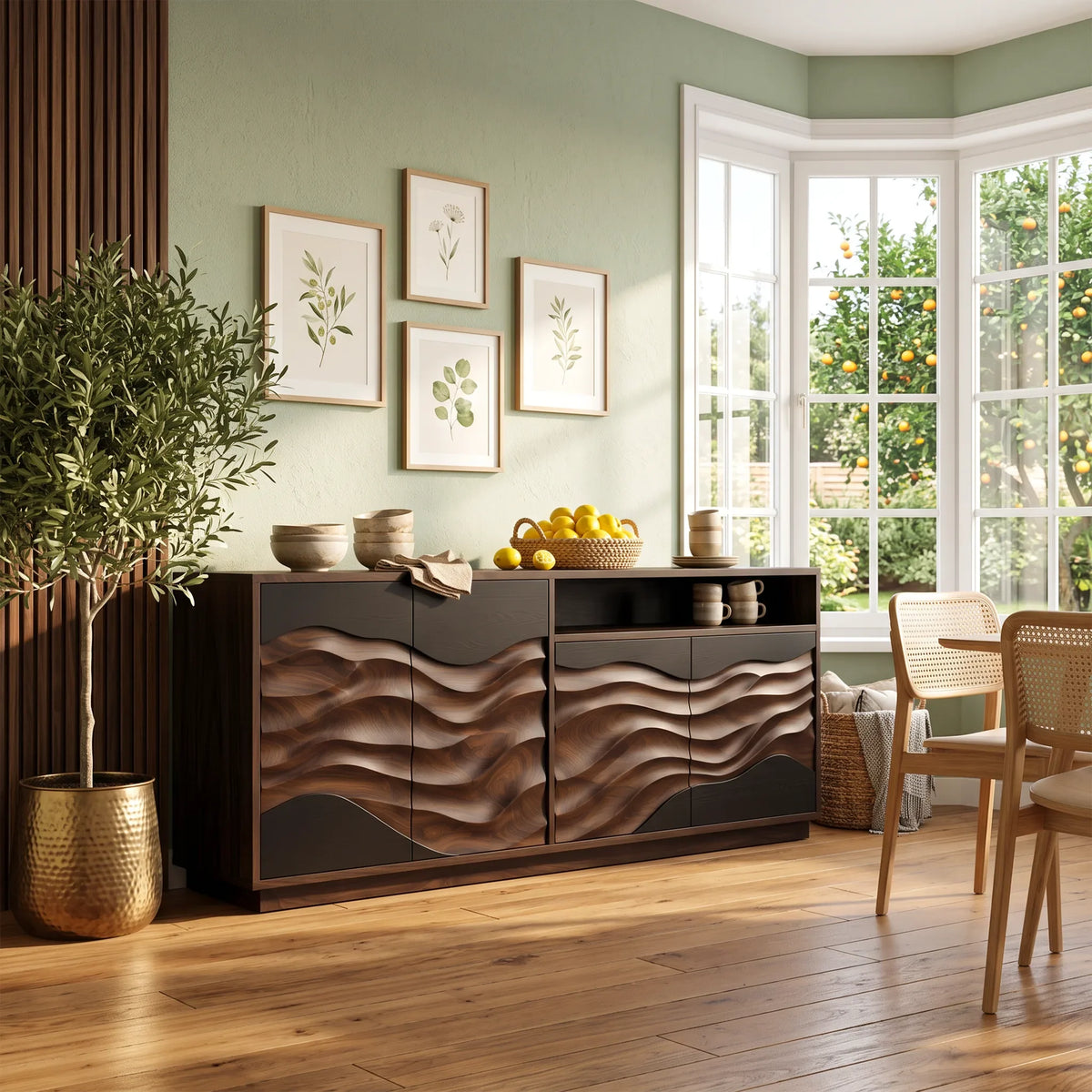 Modern Swirl Carved Sideboard Open Living Room