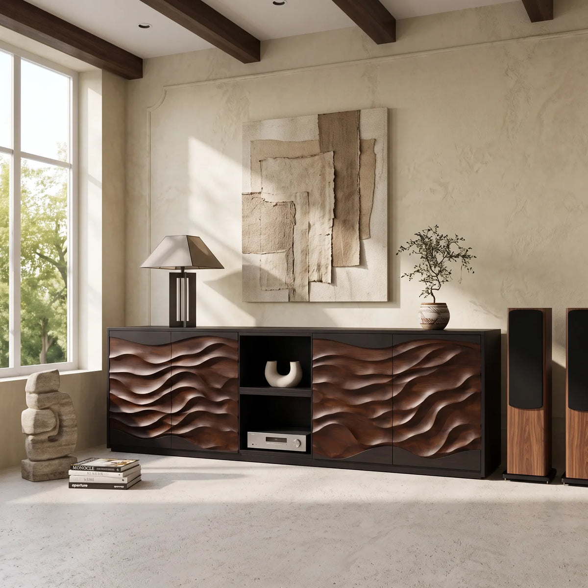 Modern Dune Carved Credenza Open Living Room