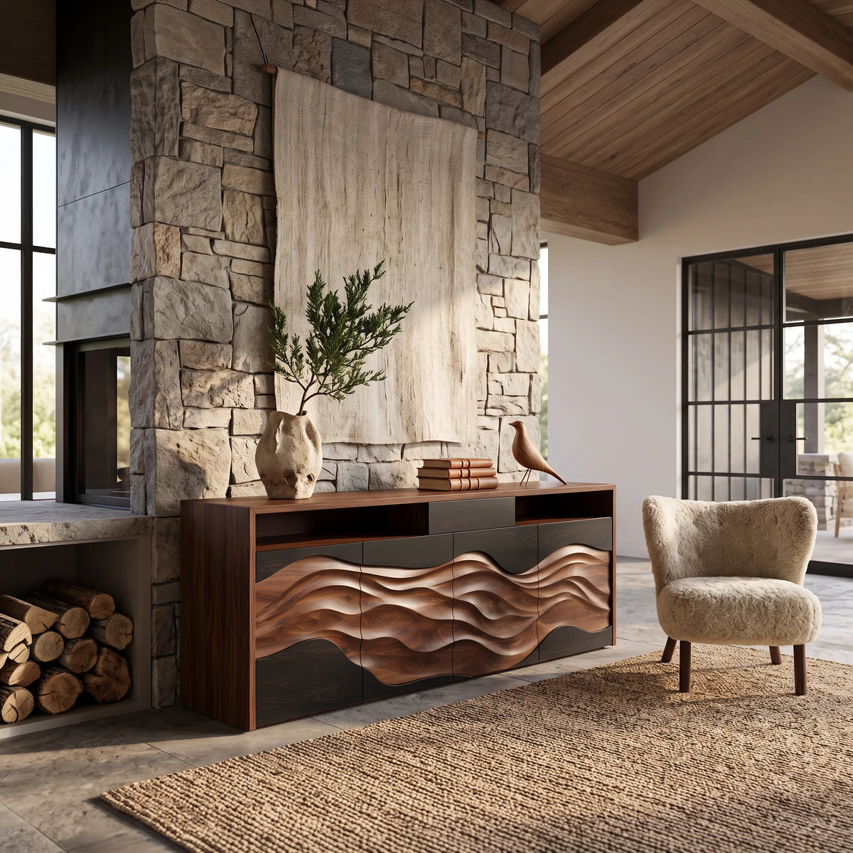 Handcrafted Wave Carved Buffet Modern Dining Room