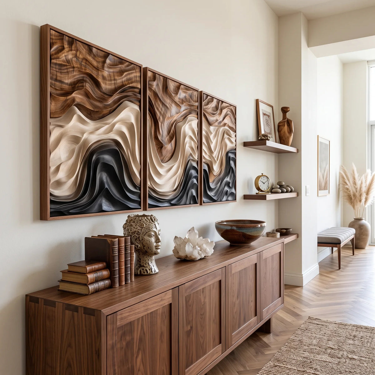 Rustic Layered Wave Triptych Wood Wall Art Spa
