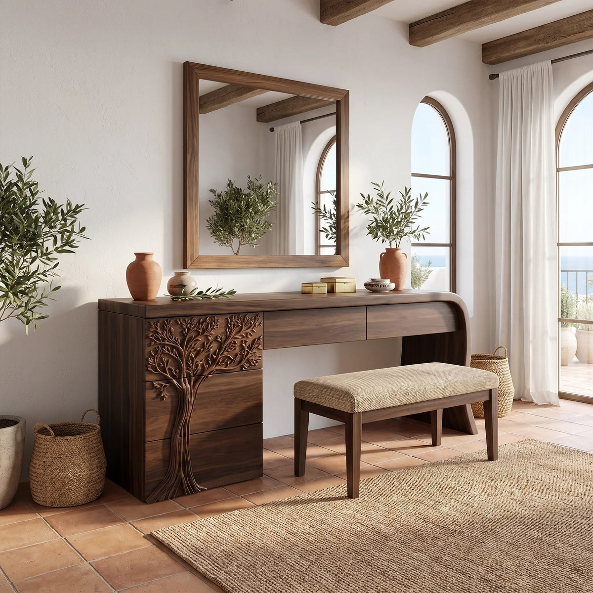 Peaceful Vanity Table Makeup Vanity Desk Tree Carved Drawers For Bedroom