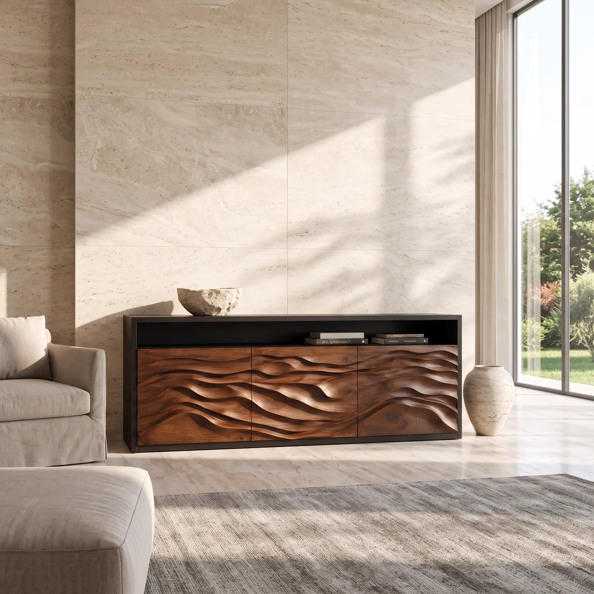 Contemporary Fluted Credenza Cozy Living Room