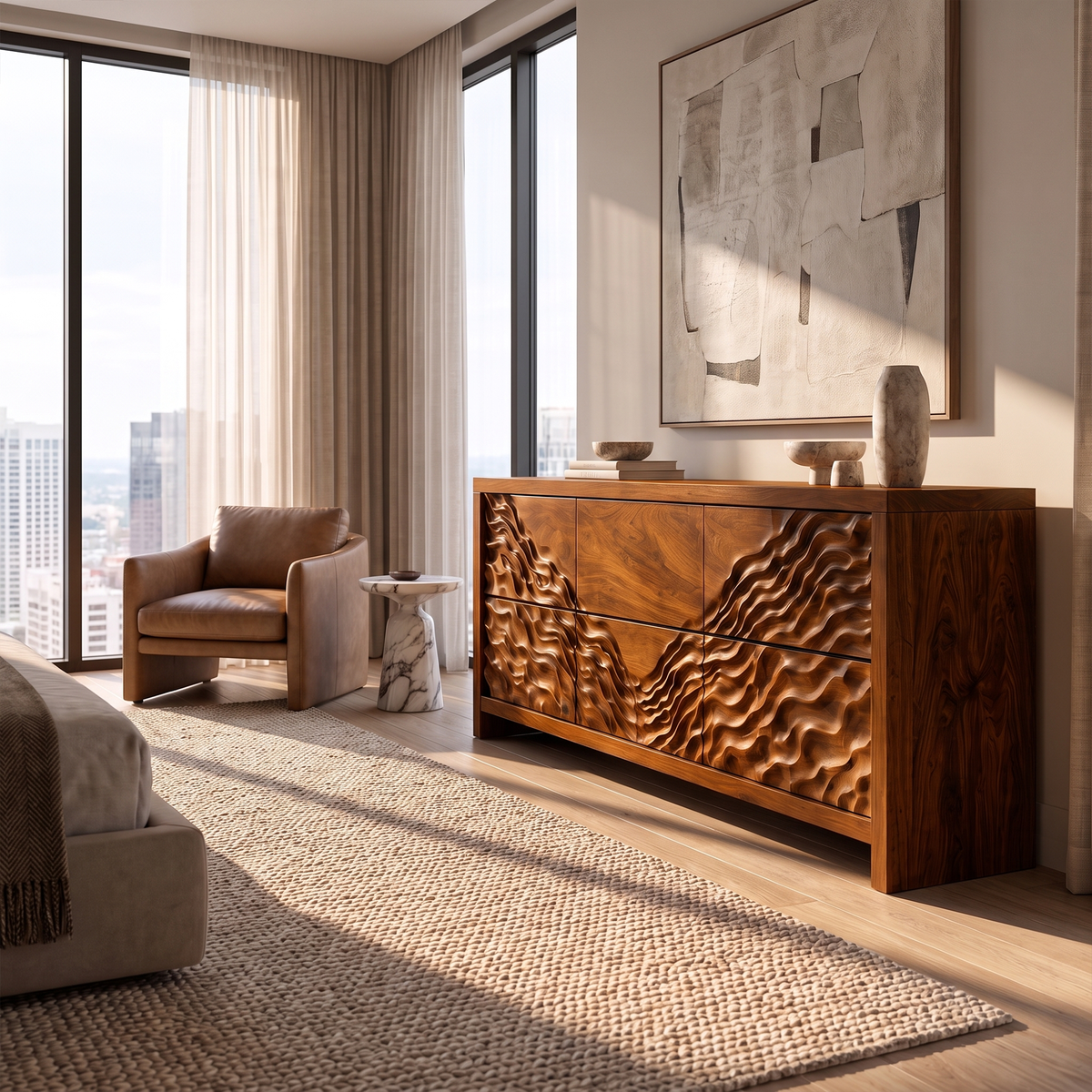 Modern Wide Wooden 6 Drawer Dresser For Bedroom Storage