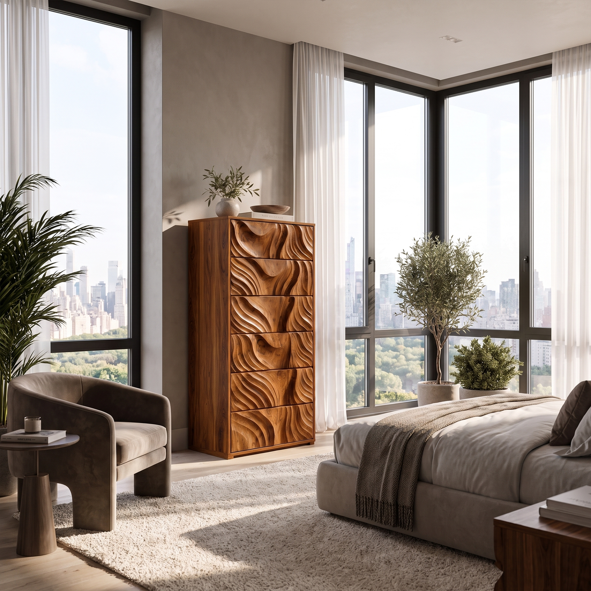 OrganicTall Dresser With Ripple Carved Drawer Fronts For Bedroom