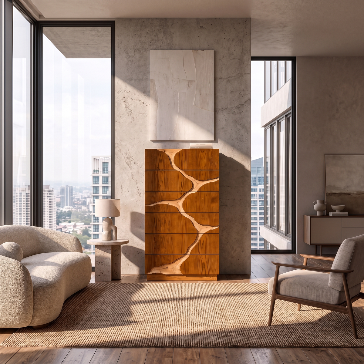 Contemporary Wooden Dresser With Two Tone Carved Panels For Bedroom
