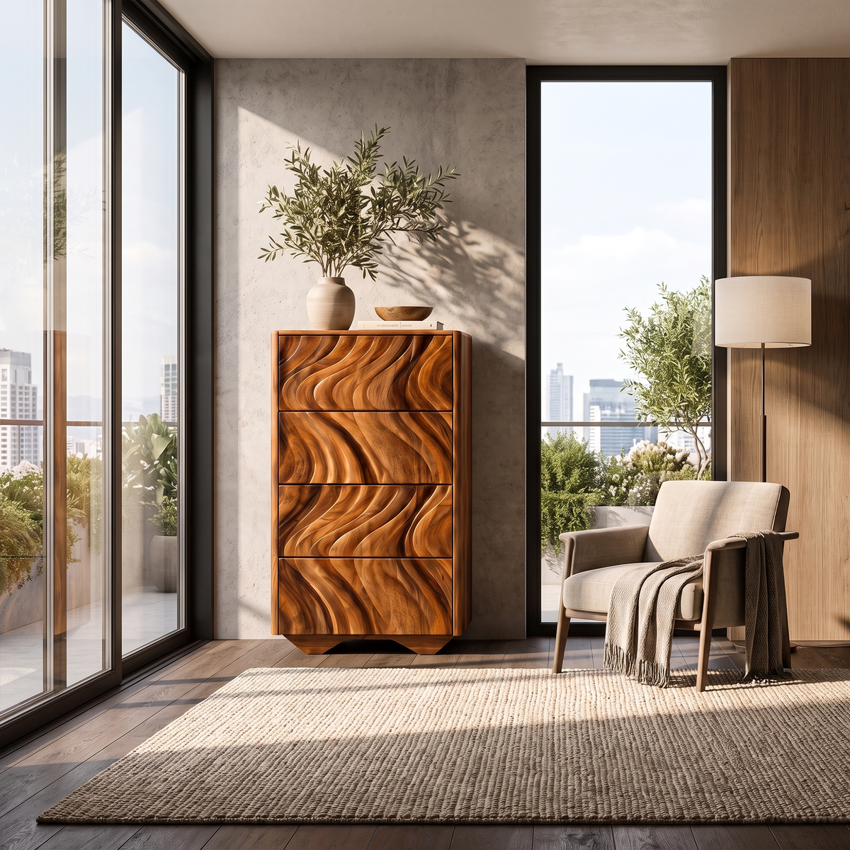 Modern Tall Dresser With Vertical Wave Carving For Bedroom