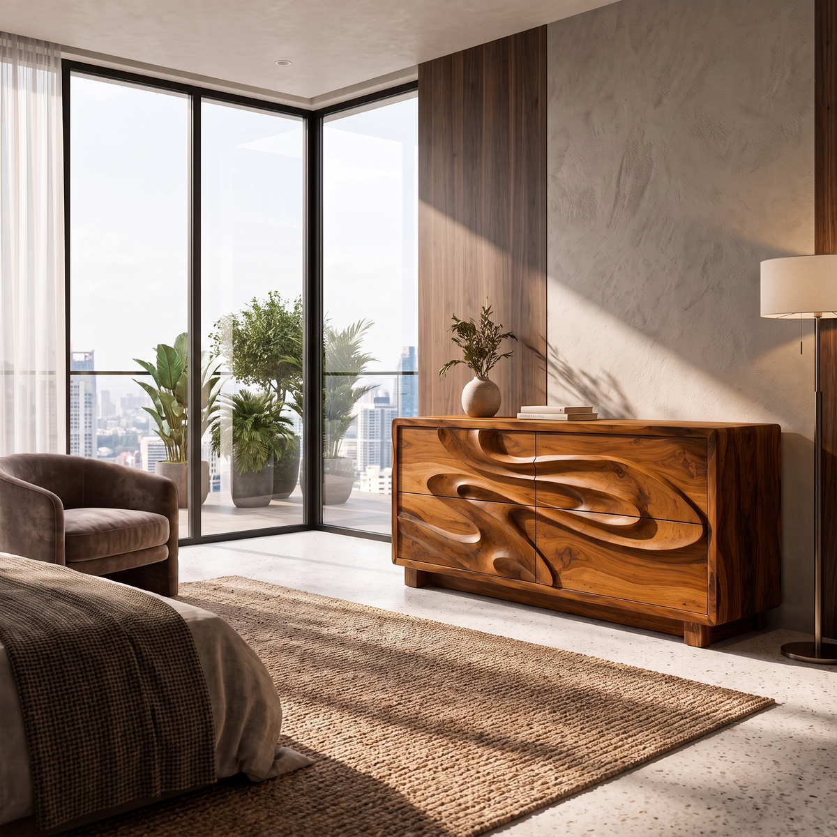 Organic Chest Dresser With Undulating Carved Front For Bedroom