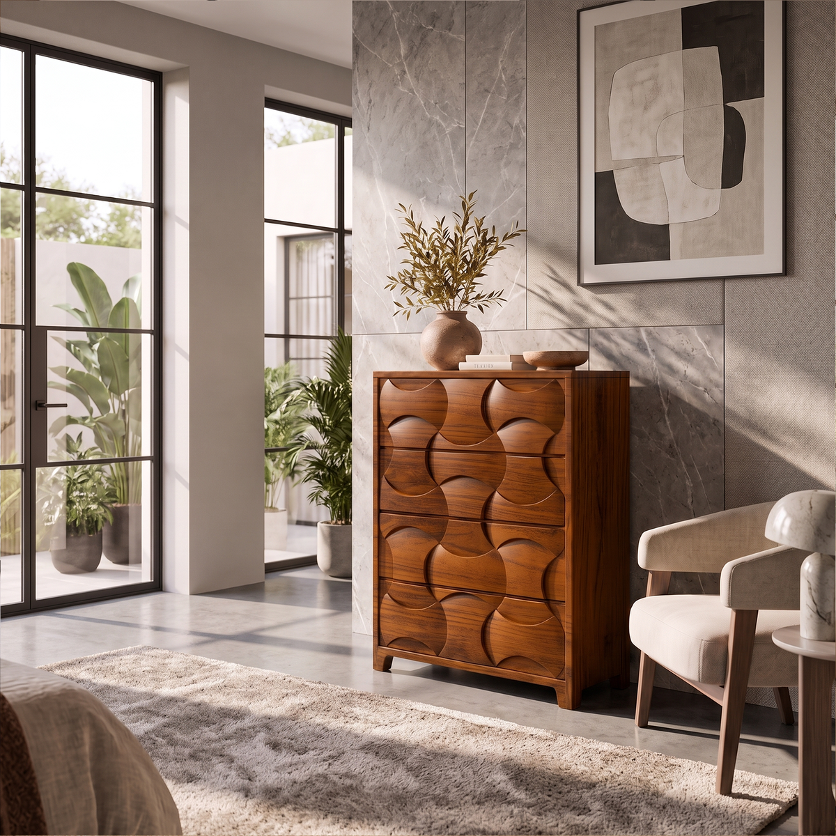 Rustic Wooden Dresser With Textured Wood Grain Front For Bedroom