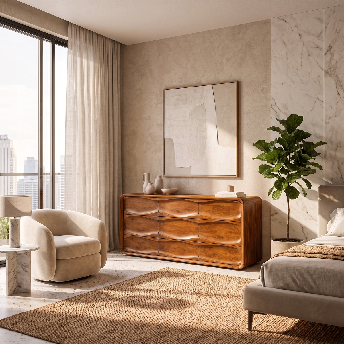 Contemporary Bedroom Dresser With Embossed Grain Front And Curved Corners