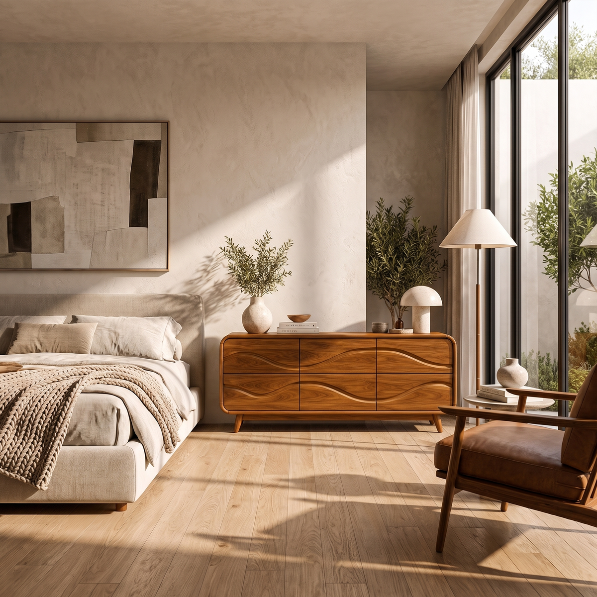 Contemporary Low Dresser With Embossed Grain Front And Curved Corners For Bedroom
