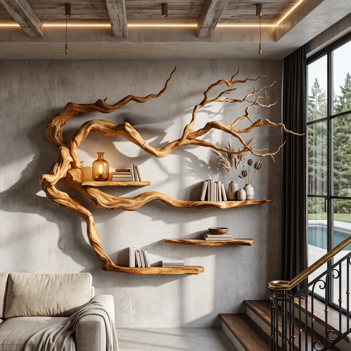 Rustic Tree Bookshelf With Natural Branch Form For Reading Room