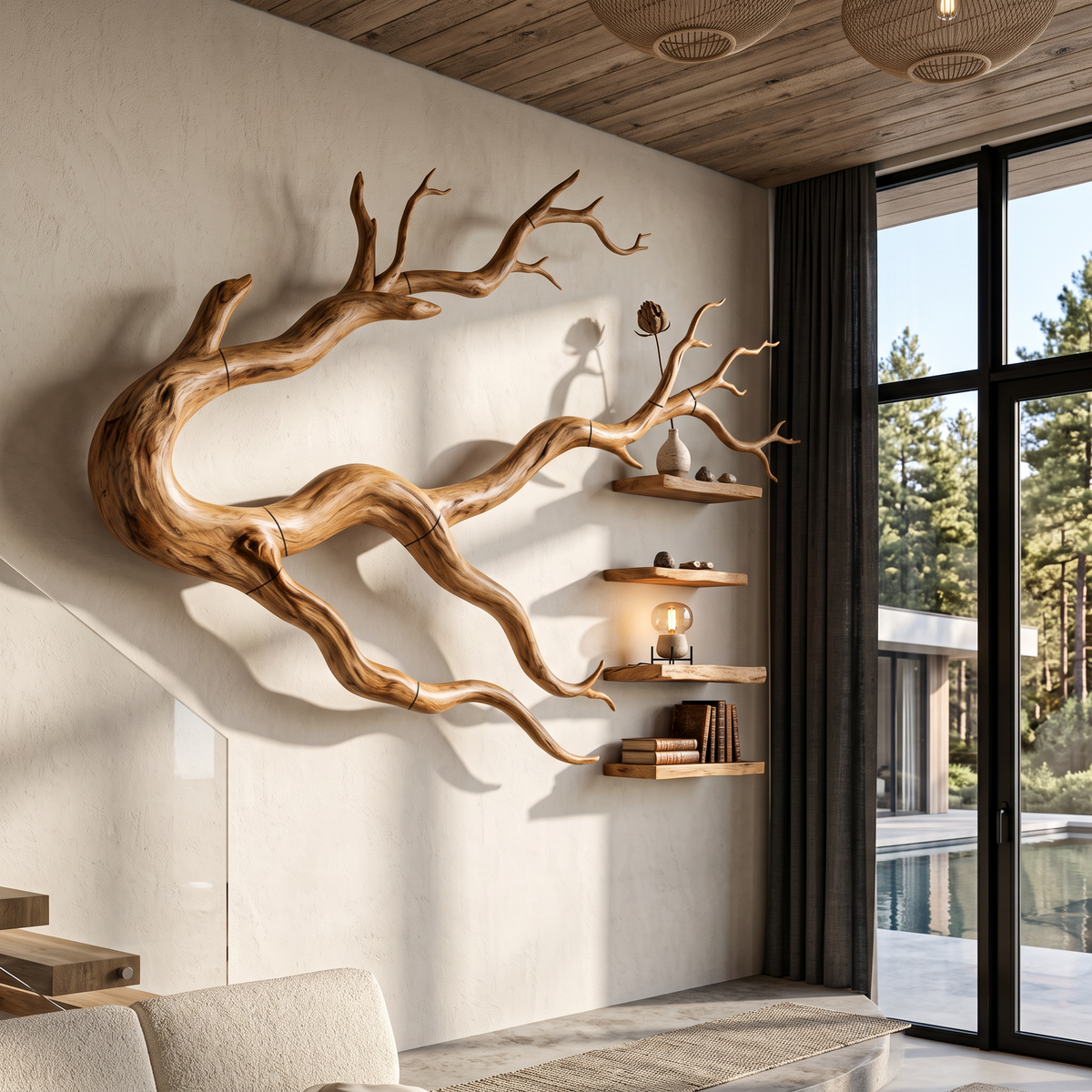 Organic Tree Bookcase With Flowing Wall Mounted Branches For Living Room